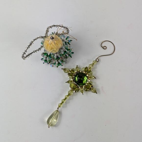 Vintage Beaded Christmas Ornament Cross Safety Pin Angel Green 90s Handmade OOAK - Picture 5 of 15
